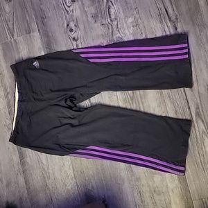 Adidas Small Women's Charcoal Gray Workout Leggings with Purple Stripes